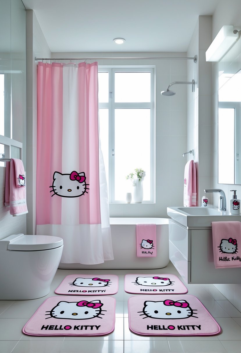 A modern bathroom with Hello Kitty themed bath mats and matching accessories arranged neatly around a bathtub and vanity.