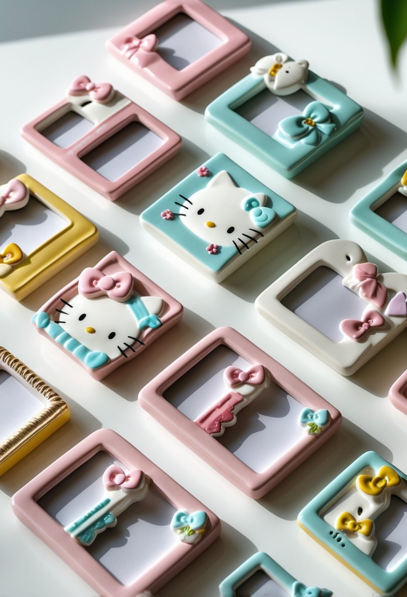 Twelve colorful Hello Kitty-themed ceramic photo frames arranged on a white surface.