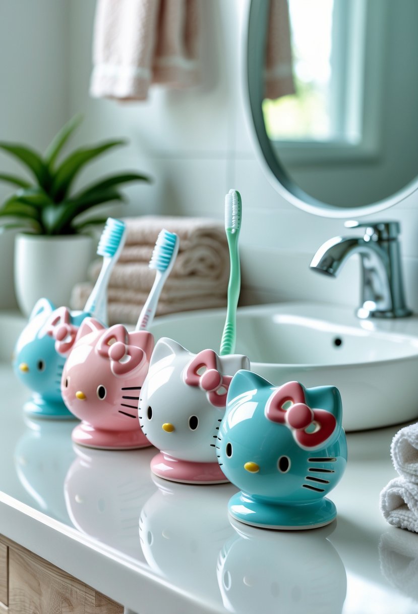 Bathroom countertop with several Hello Kitty-shaped toothbrush holders in pastel colors, next to a sink and towels.