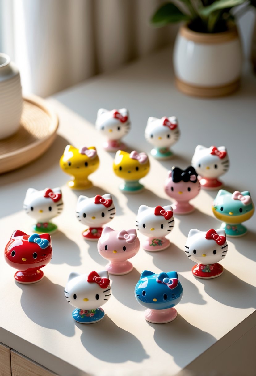 A collection of colorful Hello Kitty ceramic drawer knobs arranged on a wooden surface.