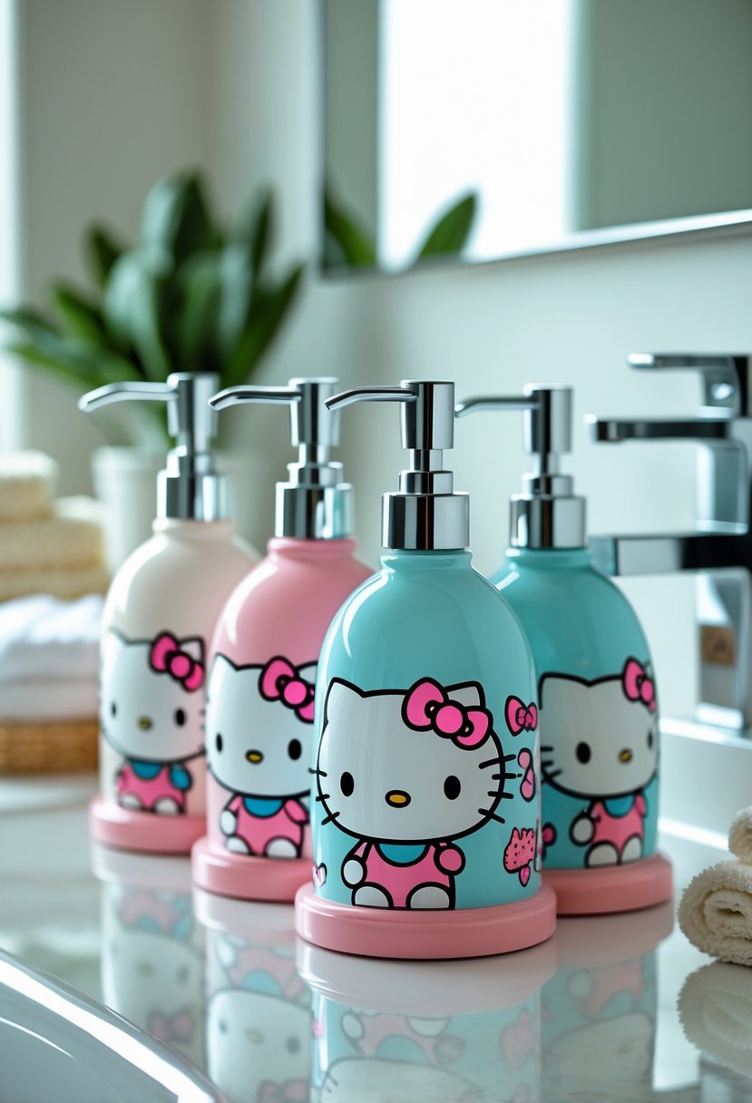 Soap dispensers with Hello Kitty designs arranged on a bathroom countertop with a sink, towels, and a small plant.