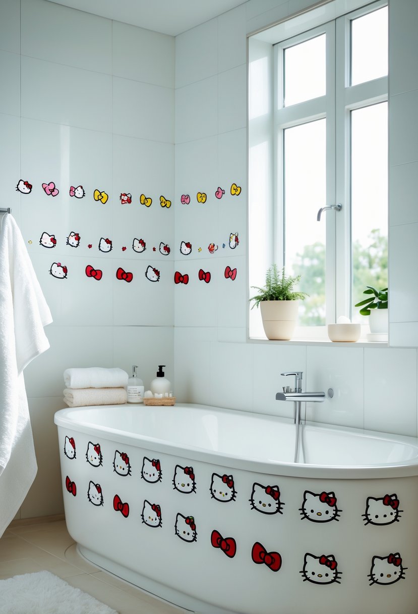 A clean white bathtub decorated with colorful Hello Kitty stickers in a bright bathroom with light tiles and simple decor.