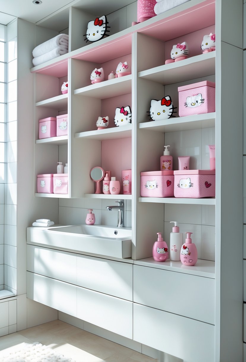 A bathroom with shelving units decorated with Hello Kitty-themed accents holding towels and toiletries.
