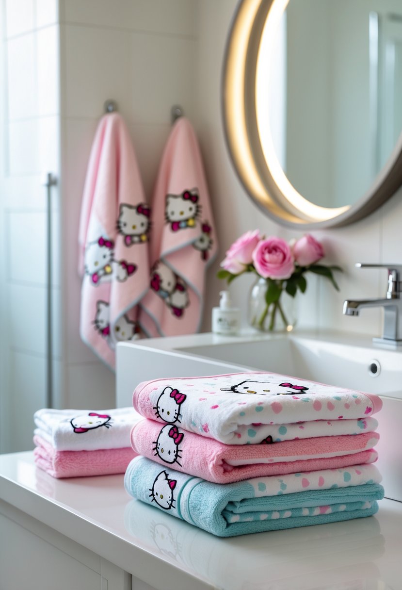 Neatly arranged Hello Kitty-themed towels and washcloths displayed in a bright bathroom with a sink and mirror.