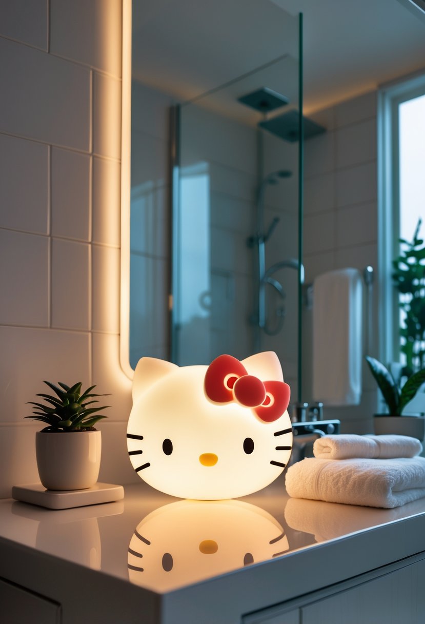 A Hello Kitty nightlight glowing softly on a bathroom countertop with white tiles and a small plant nearby.