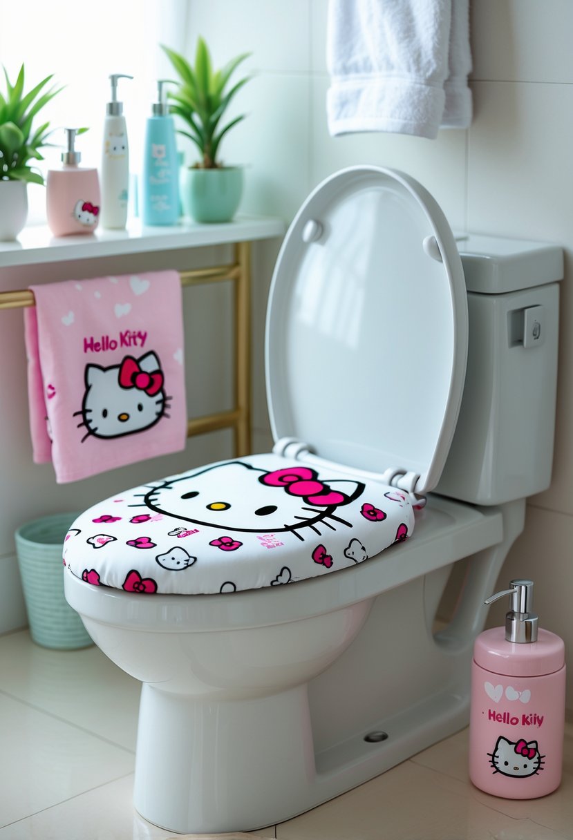 A clean bathroom with a white toilet featuring a closed toilet seat cover decorated with Hello Kitty patterns, surrounded by matching bathroom accessories and a small potted plant.