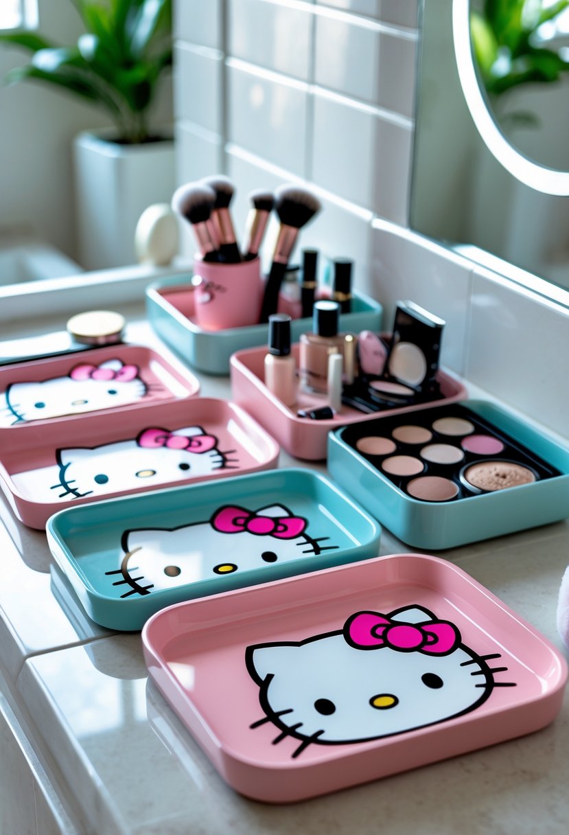 Makeup trays with Hello Kitty prints holding makeup items on a bathroom countertop.