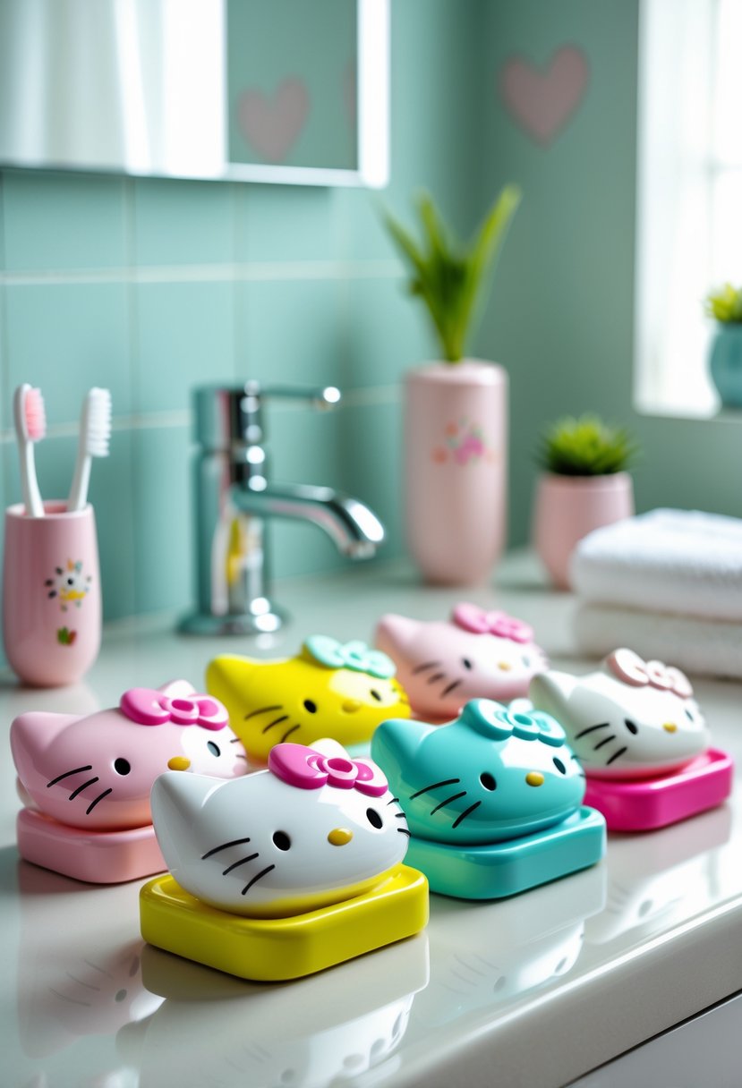 A bathroom countertop with multiple Hello Kitty-themed soap dishes and bathroom accessories.
