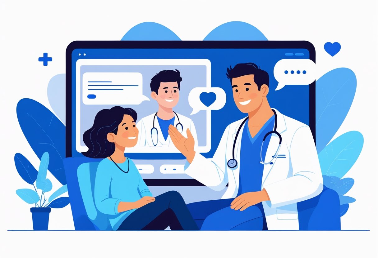 Paciente em casa conversando com médico em uma consulta médica online pela tela de um computador.