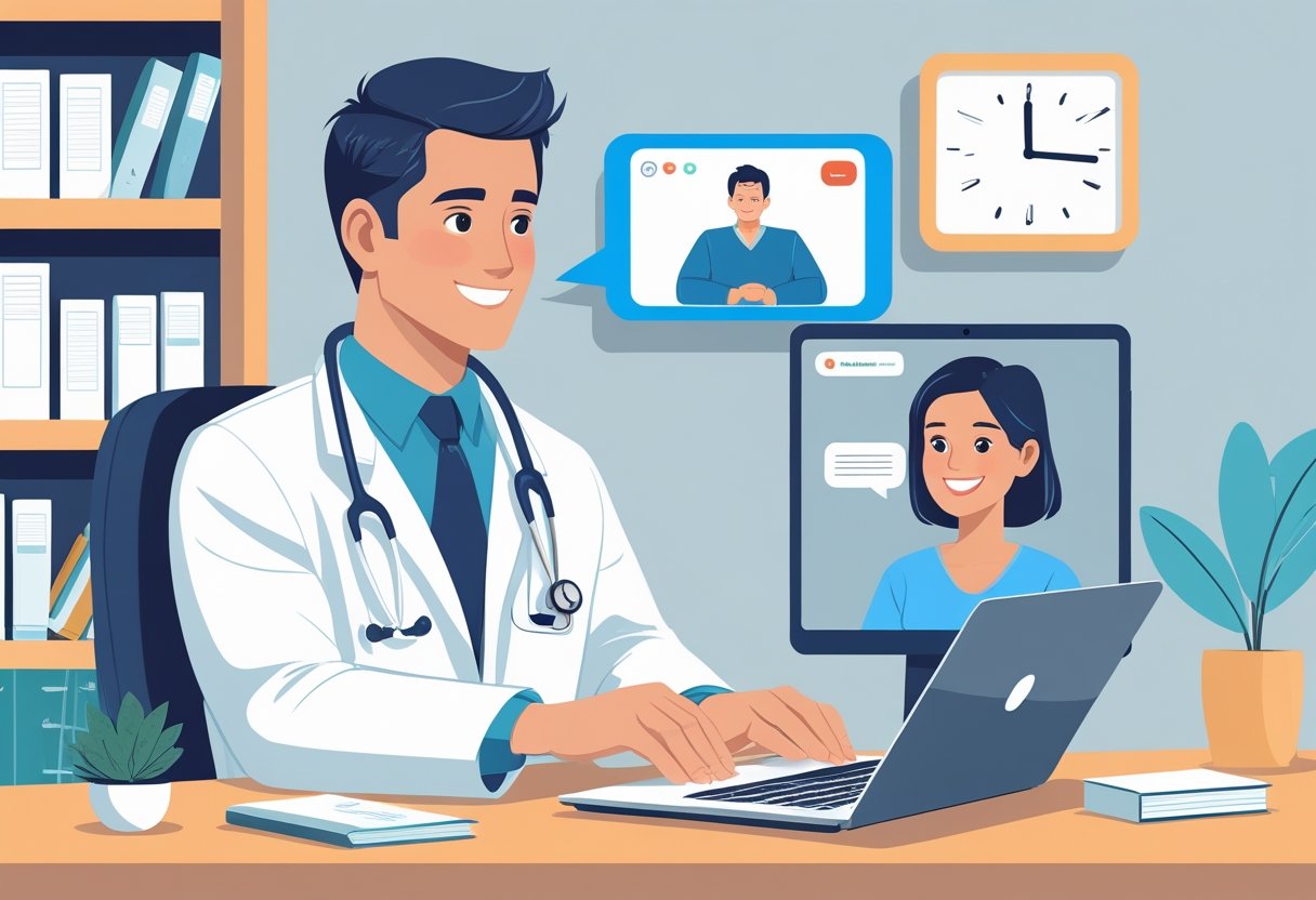 Um médico atendendo um paciente por chamada de vídeo em um laptop, ambos em ambientes confortáveis e profissionais.