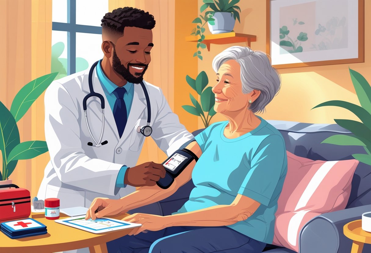 Um médico atendendo um paciente idoso em casa, verificando a pressão arterial em uma sala de estar aconchegante.