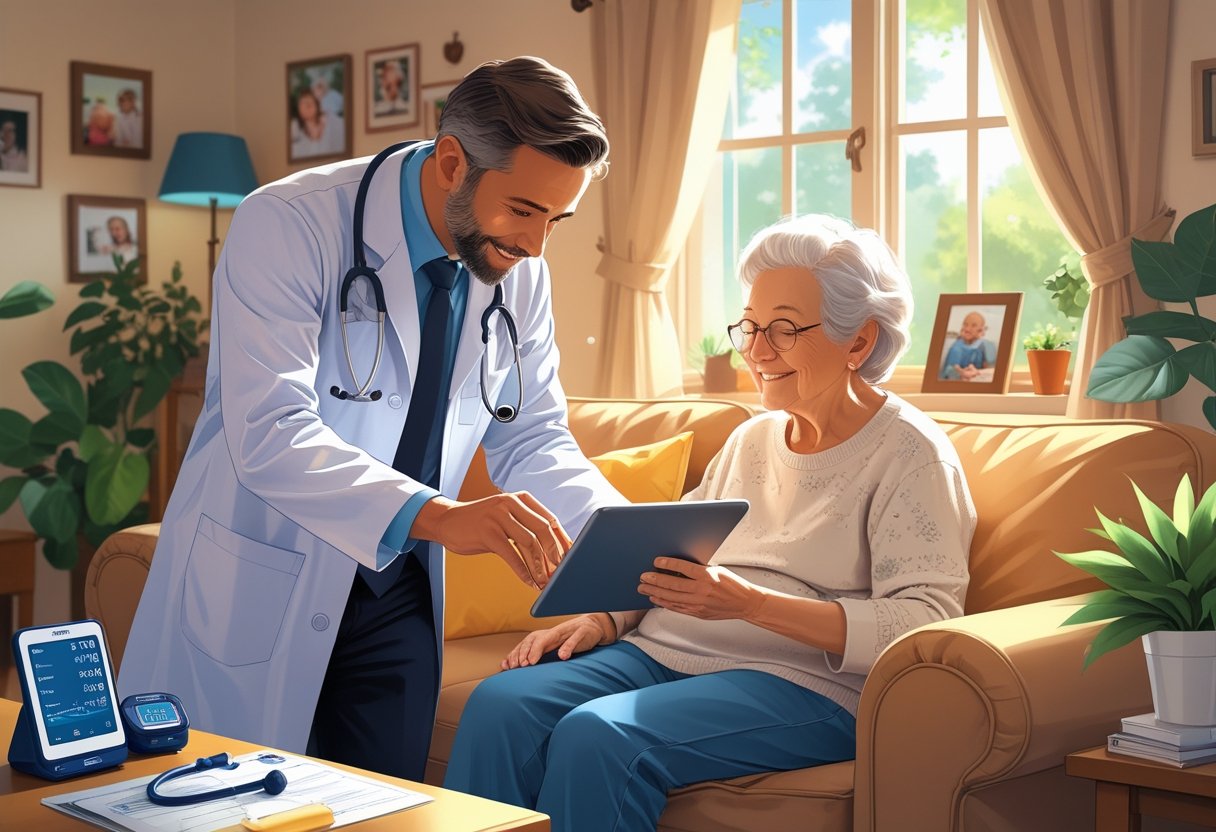 Um médico examinando atentamente um paciente idoso sentado em um sofá dentro de uma sala de estar acolhedora.