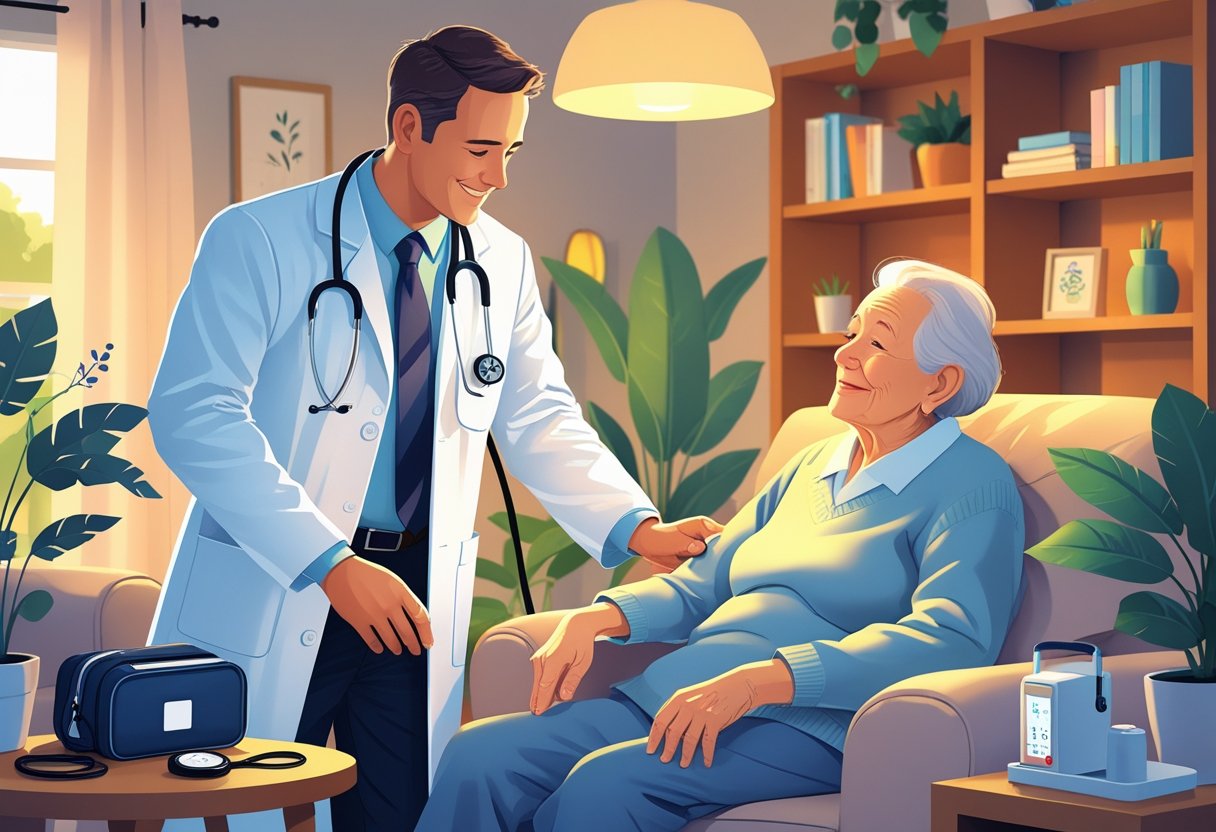 Um médico atendendo um paciente idoso em casa, com um familiar ao lado, em uma sala aconchegante e iluminada.
