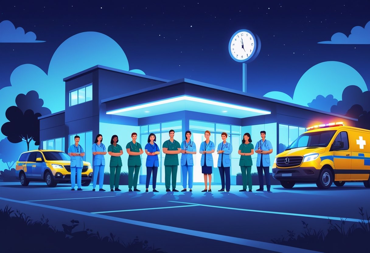 Profissionais de saúde em frente a um hospital iluminado à noite, com uma ambulância estacionada, mostrando atendimento médico disponível 24 horas.