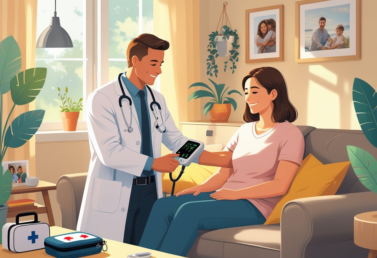 Um médico visitando um paciente em sua casa, verificando sinais vitais em uma sala de estar acolhedora.