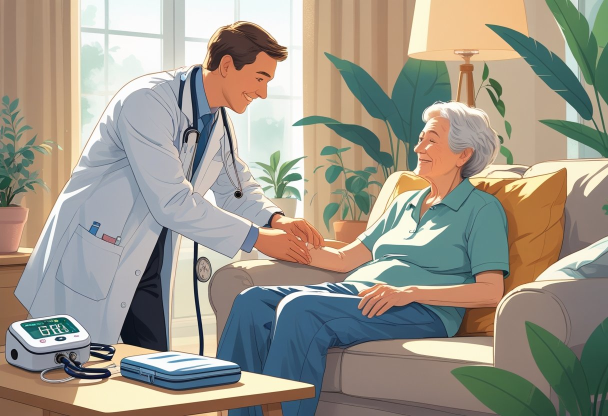 Um médico atende um paciente idoso em casa, com um familiar próximo, em um ambiente aconchegante e iluminado.