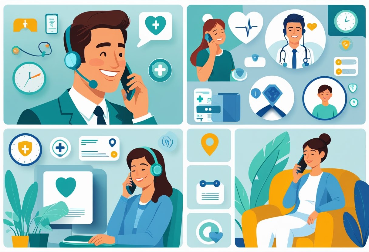 Pessoa recebendo atendimento médico por telefone, mostrando um médico atendendo por telefone e um paciente confortável em casa.