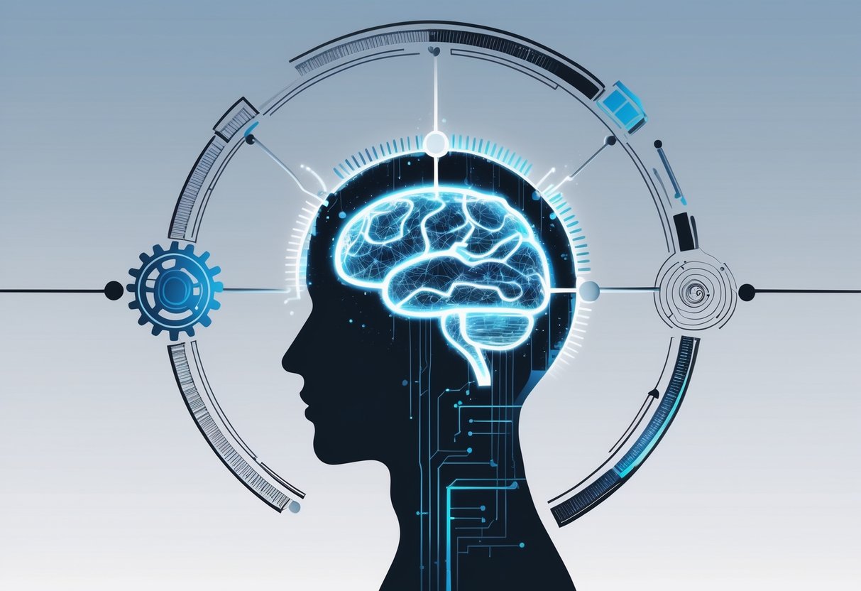 A human head silhouette with glowing neural connections inside and a circular feedback loop of gears and circuits around it, showing a break in the loop.