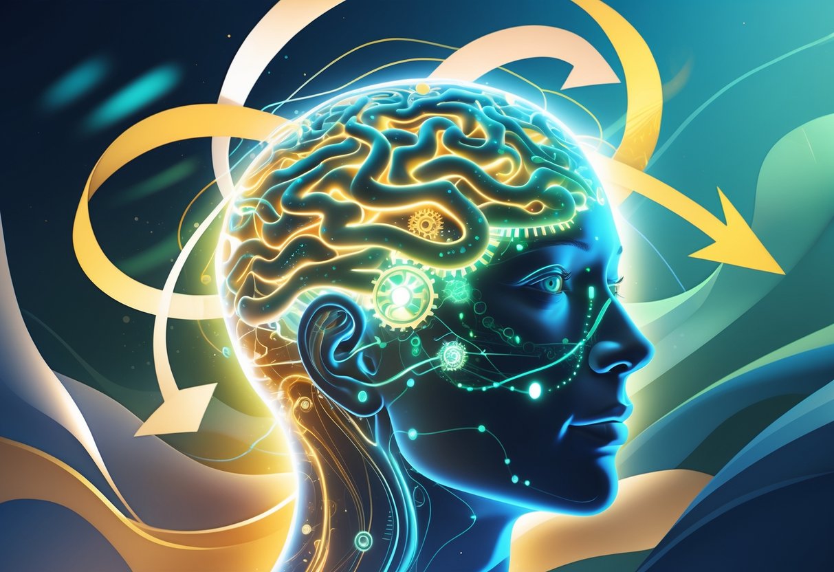 Illustration of a human head with glowing neural pathways and gears inside, surrounded by circular arrows representing a feedback loop, with one arrow breaking away to show mental transformation.
