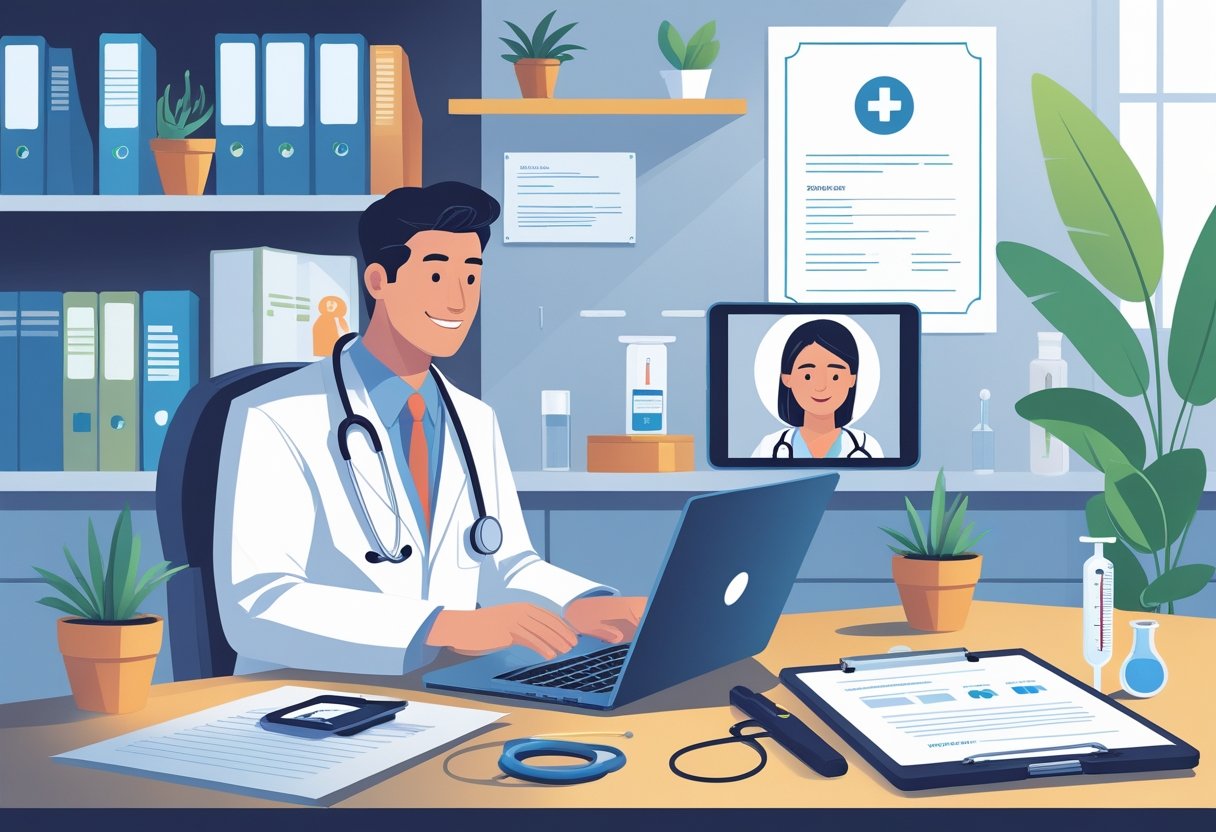 Um médico em um consultório moderno atendendo um paciente por videochamada no laptop, simbolizando atendimento médico online para emissão de atestados.