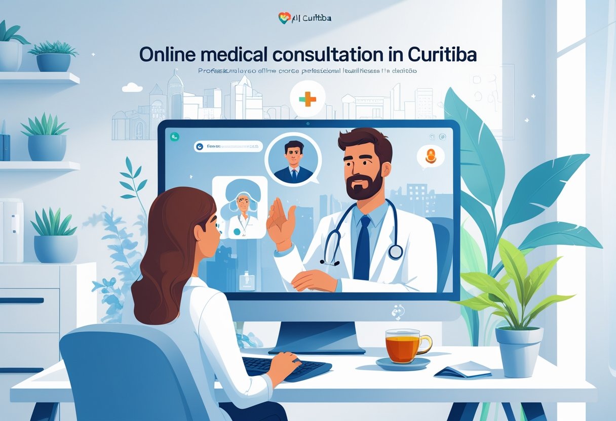 Paciente em casa fazendo consulta médica online com um doutor na tela do laptop, com elementos que lembram a cidade de Curitiba ao fundo.