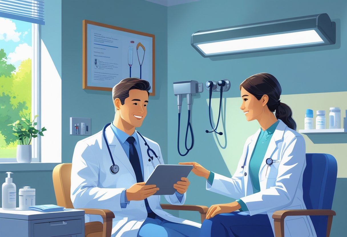 Um médico atendendo um paciente em uma sala de consulta médica ambulatorial, com equipamentos médicos ao fundo.