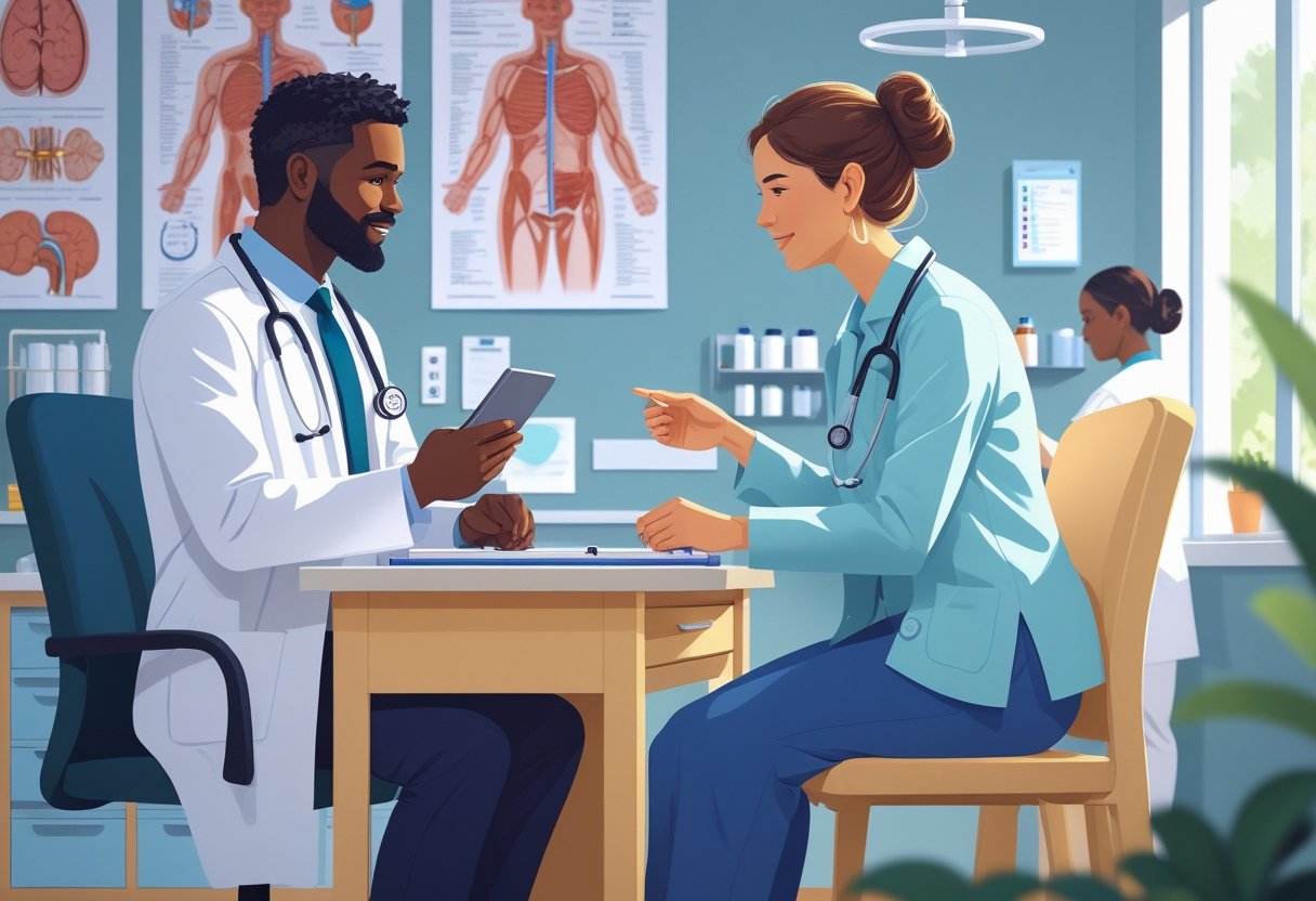 Médico consultando um paciente em uma clínica ambulatorial, com uma enfermeira ao fundo preparando instrumentos médicos.