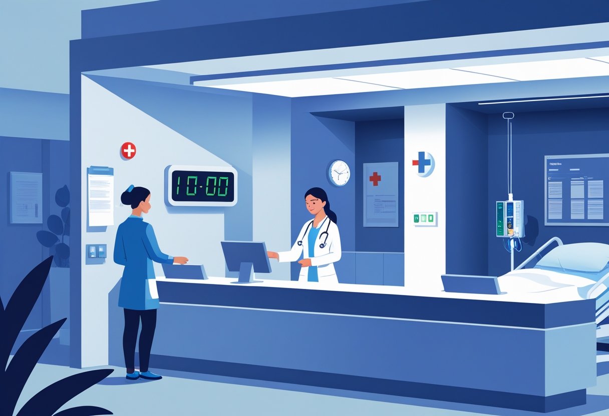 Profissional de saúde atendendo paciente em hospital moderno durante a noite, com equipamentos médicos e relógio digital mostrando atendimento 24 horas.