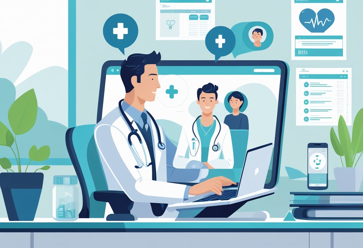 Um médico em um consultório moderno usando um laptop para realizar uma consulta por vídeo com um paciente, com ícones médicos ao fundo.