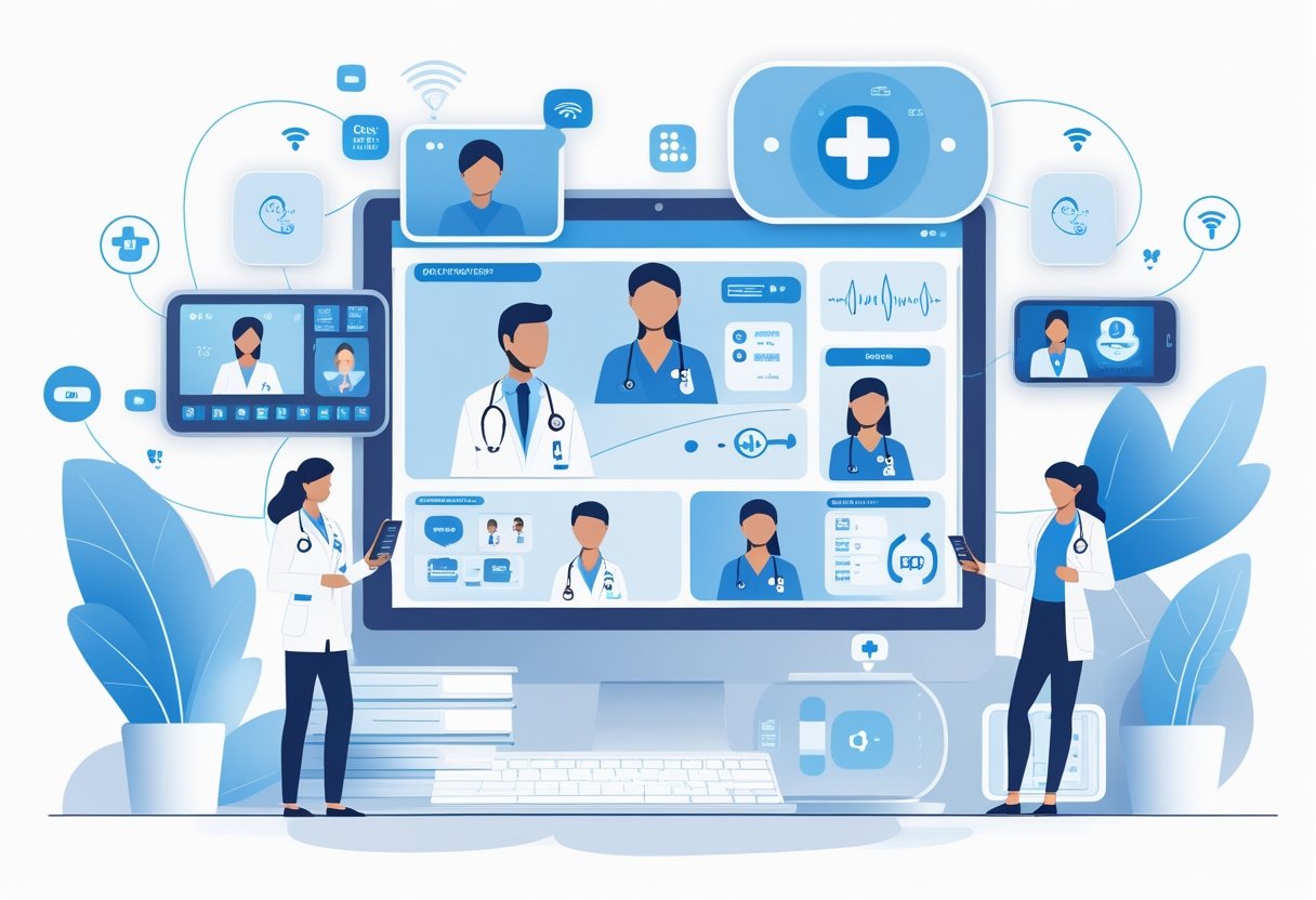 Profissionais de saúde e pacientes interagindo por meio de dispositivos digitais em diferentes modalidades de telemedicina.