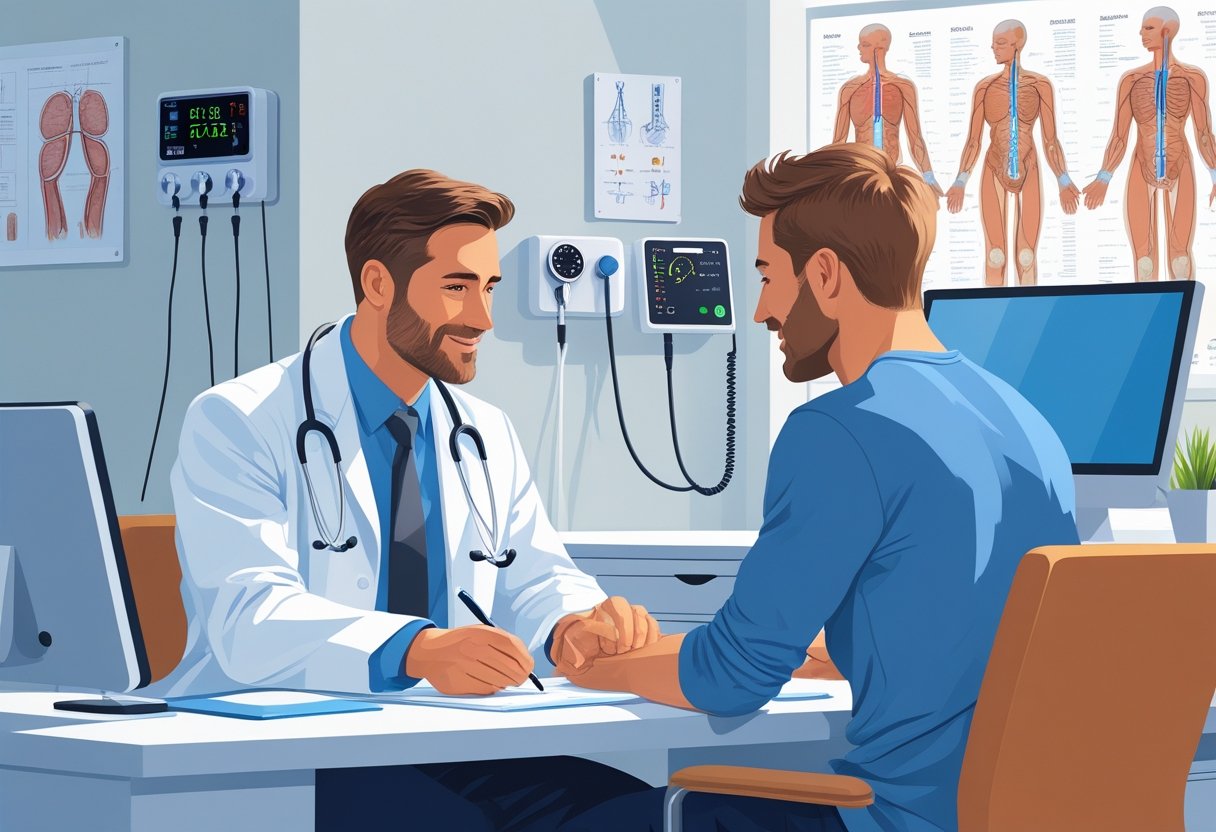 Um médico em jaleco atendendo um paciente em um consultório médico moderno e bem iluminado.