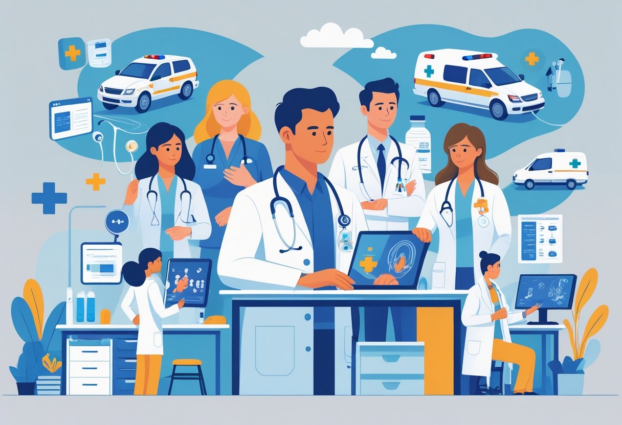 Profissionais de saúde atendendo pacientes em diferentes ambientes médicos, como hospital, clínica e ambulância.