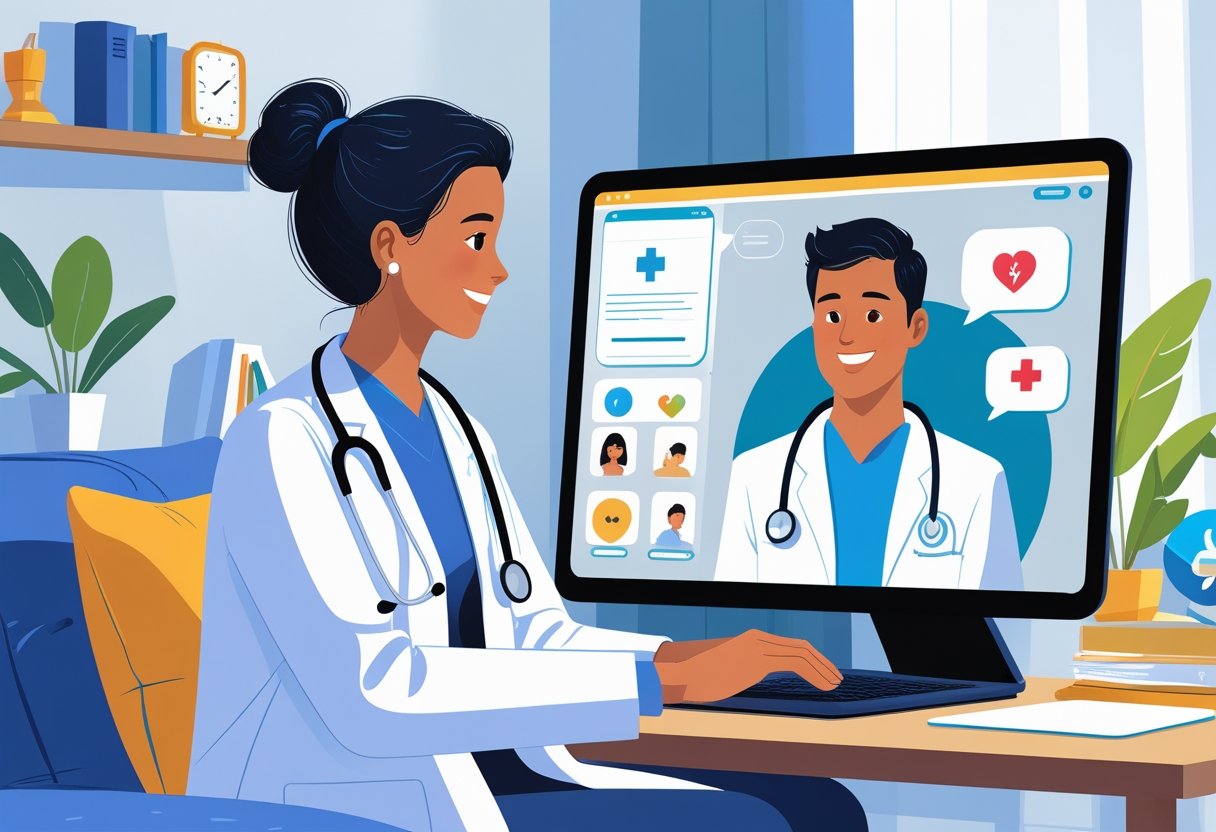Paciente em casa fazendo uma consulta médica online com um médico através de um computador.