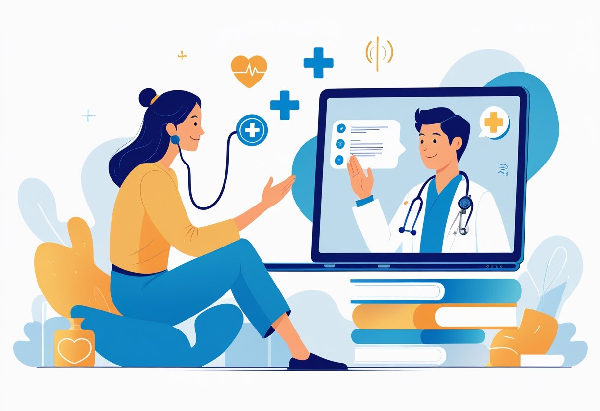 Paciente em casa realizando uma consulta médica online com um médico por vídeo chamada no laptop.