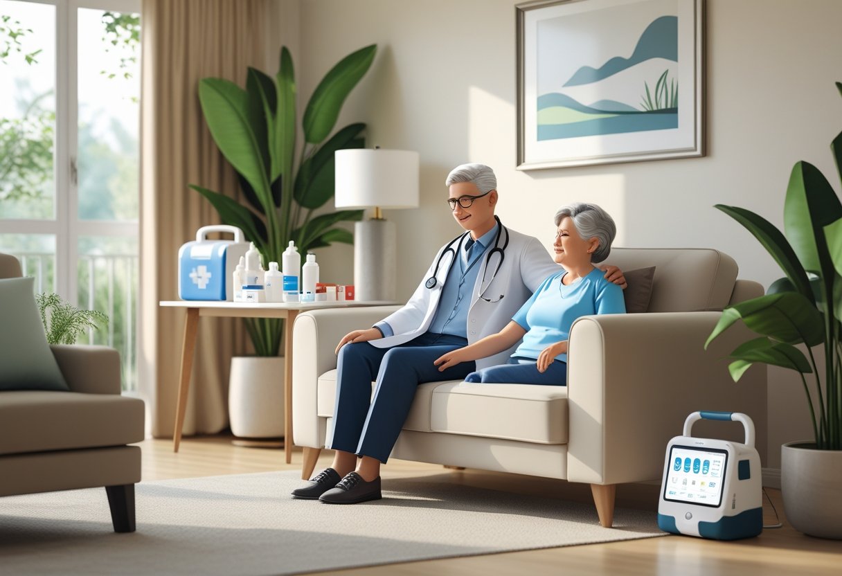 Médico e enfermeira atendendo um paciente idoso em uma sala de estar, com equipamentos médicos ao redor.