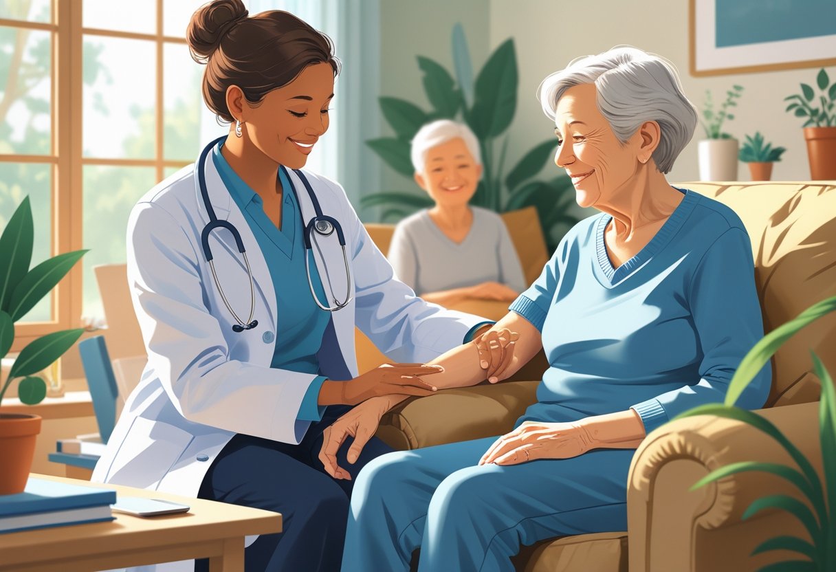 Um médico atendendo um paciente idoso em casa, com um familiar observando, em um ambiente acolhedor e confortável.