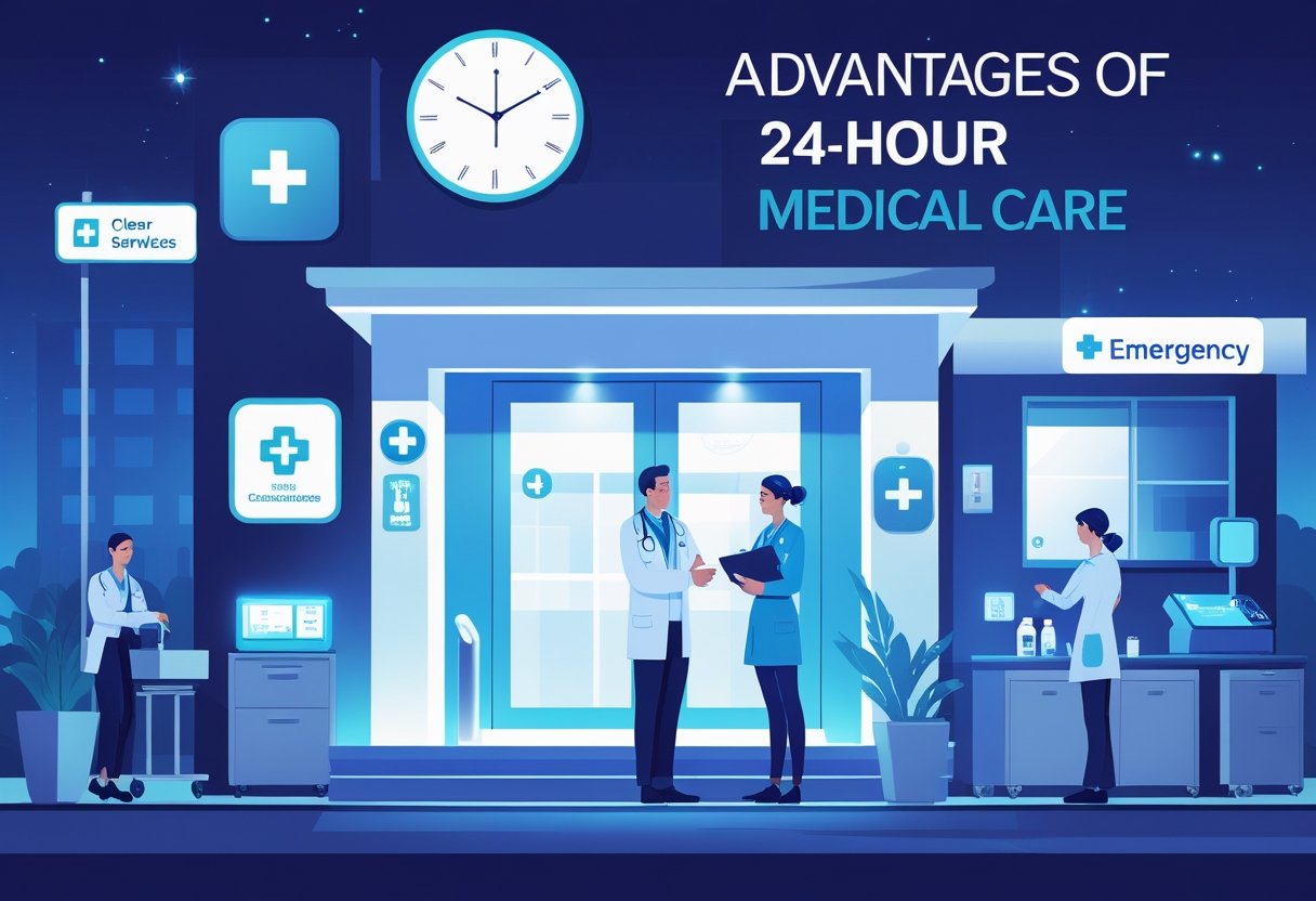 Clínica médica moderna aberta à noite com médico e enfermeira atendendo pacientes, transmitindo cuidado e atendimento disponível 24 horas.