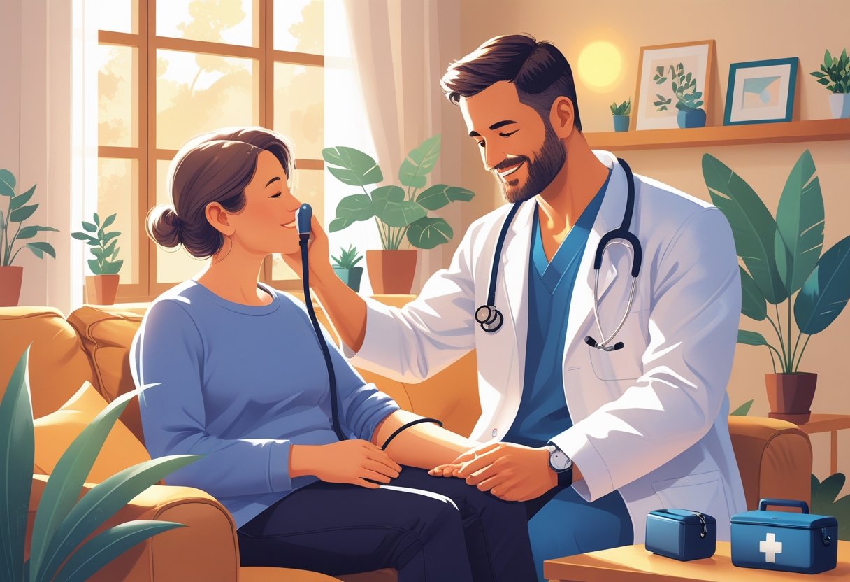 Um médico visitando um paciente em casa, realizando atendimento médico domiciliar em uma sala de estar aconchegante.