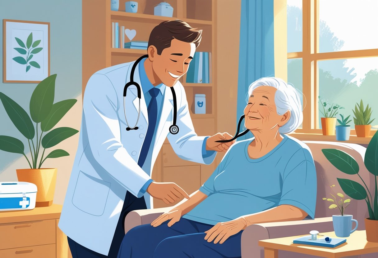 Um médico visitando um paciente idoso em casa, verificando sua saúde com um estetoscópio em uma sala aconchegante.