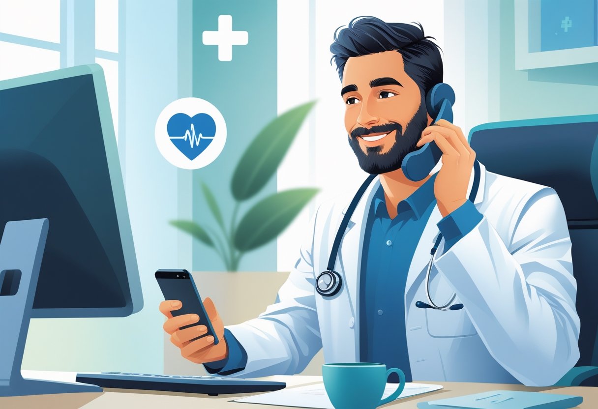 Um médico atendendo um paciente por telefone em um ambiente de consultório médico.