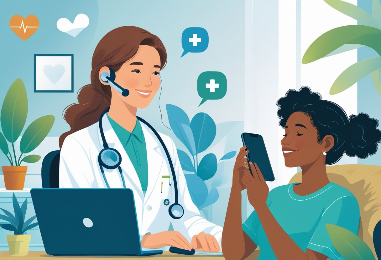 Médico atendendo um paciente por telefone, mostrando uma consulta médica remota em um ambiente confortável.