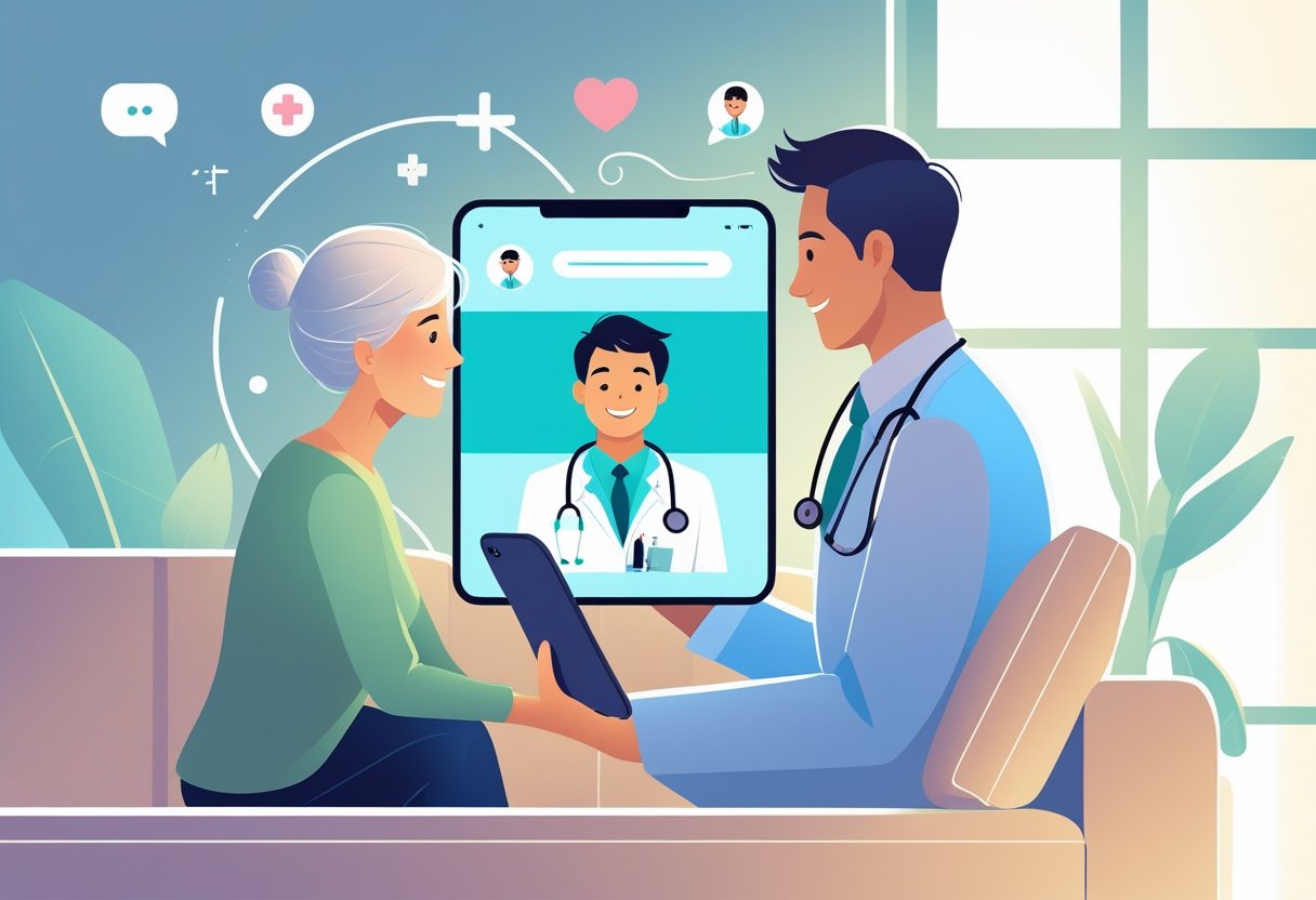 Paciente em casa fazendo uma consulta médica virtual por meio de um tablet, com um médico aparecendo na tela em videochamada.