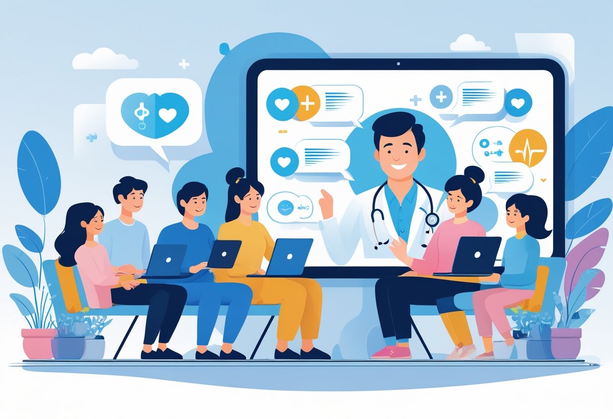 Pessoa realizando consulta médica virtual em casa com médico atendendo por vídeo chamada em dispositivo eletrônico.