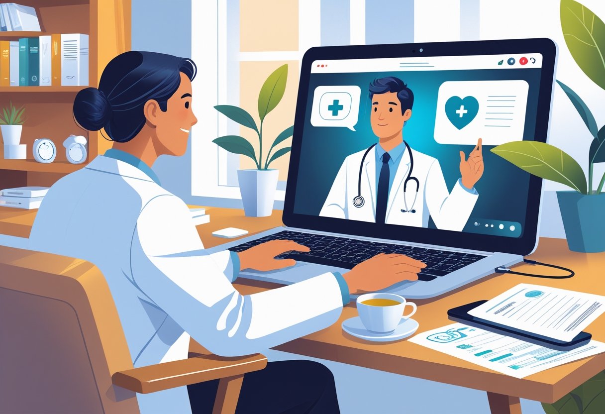 Paciente em casa participando de consulta médica online com um médico na tela do computador, em um ambiente acolhedor e profissional.