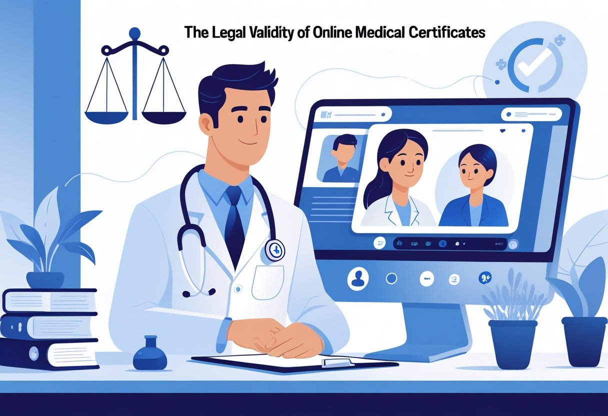 Um médico em um consultório moderno realizando uma consulta online com um paciente, com uma tela mostrando um atestado médico digital e símbolos legais ao redor.