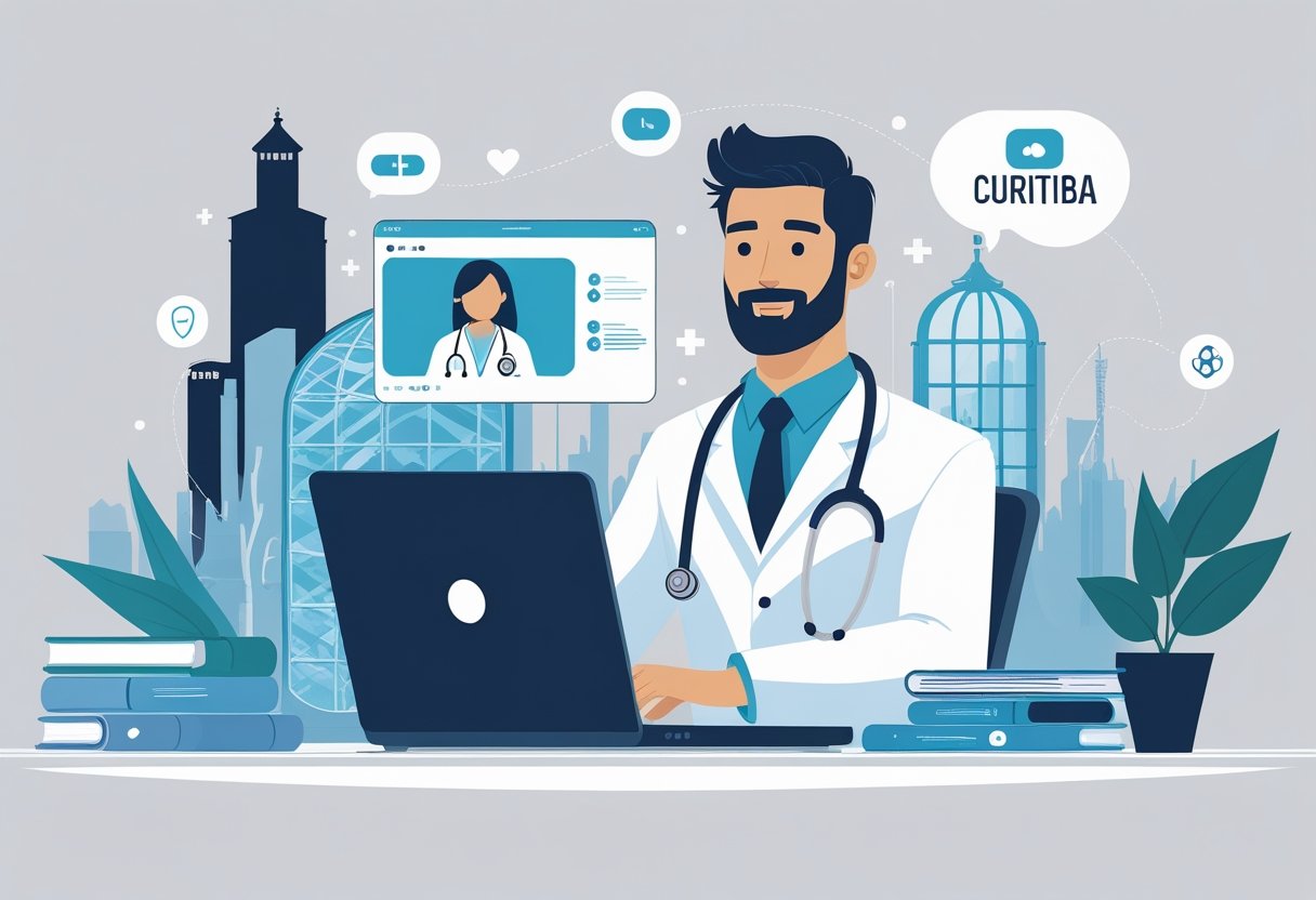 Um médico em um escritório moderno realizando uma consulta médica online por videochamada, com a silhueta da cidade de Curitiba ao fundo.
