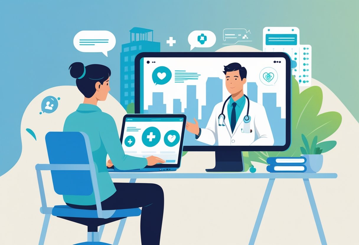 Paciente em casa fazendo consulta médica online pelo laptop com o médico na tela e elementos que representam a cidade de Curitiba ao fundo.