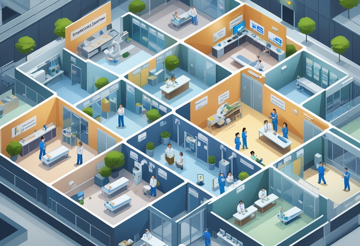 Ilustração mostrando diferentes tipos e estruturas de unidades de atendimento médico ambulatorial com profissionais de saúde atendendo pacientes em vários ambientes interligados.