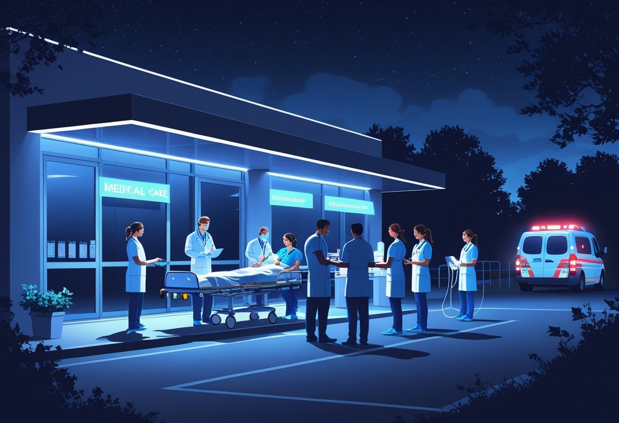 Profissionais de saúde atendendo pacientes em um hospital à noite, com ambulância e equipamentos médicos ao redor.
