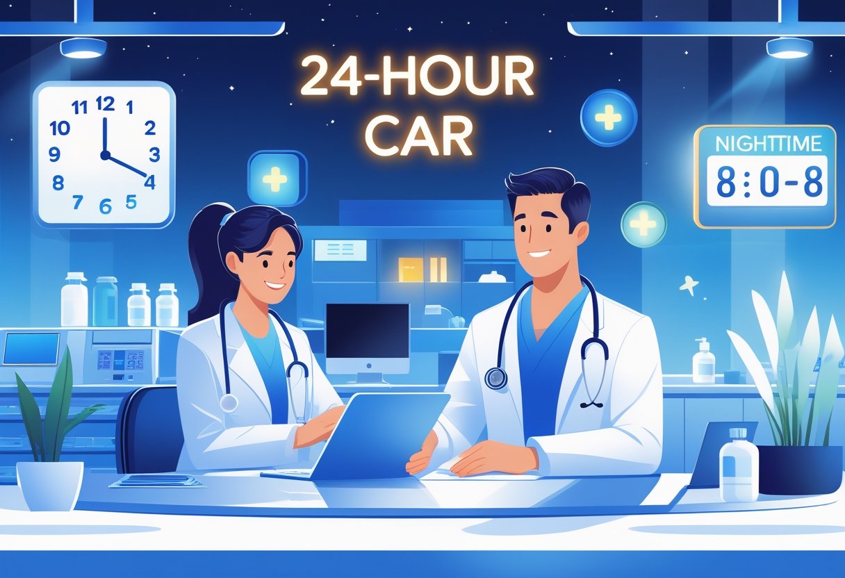 Médico e enfermeira atendendo pacientes em um hospital iluminado durante a noite, mostrando atendimento médico disponível 24 horas.